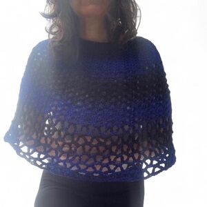 NEW Royal Black Wool Crochet Poncho with Boat Neck and Scalloped Edge